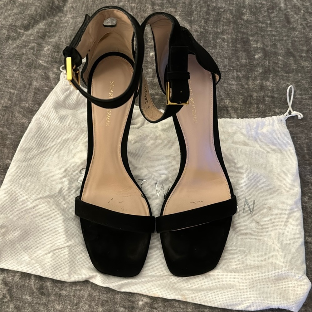 • Stuart Weitzman Black Suede Open Toe Sandal Heels •